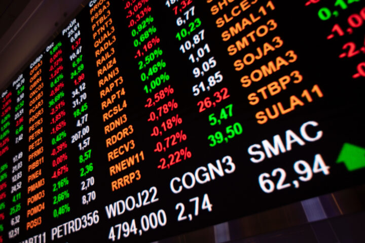 Display with stock market prices at the B3, the São Paulo Stock Exchange, Brazil